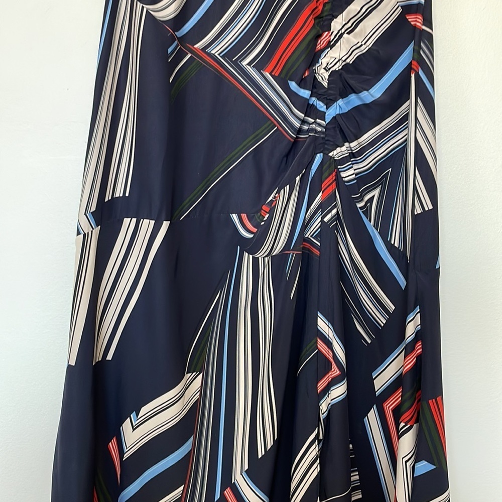 Parker | 100% Silk Halter Neck Handkerchief Hem Graphic Stripe Print Midi Dress - Picture 4 of 11